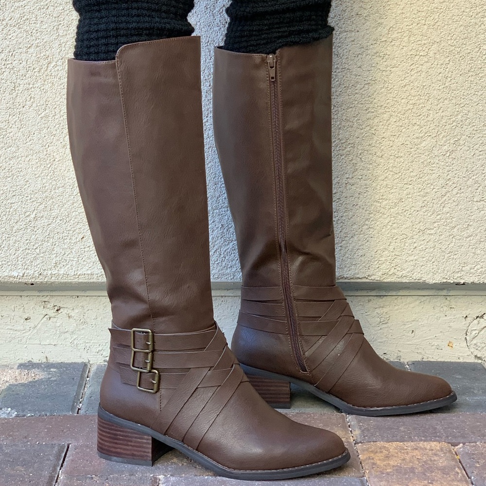 Texas Brown Triple Buckle Knee High Flat Boots